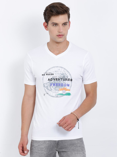 

t-base Men White Printed V-Neck T-shirt