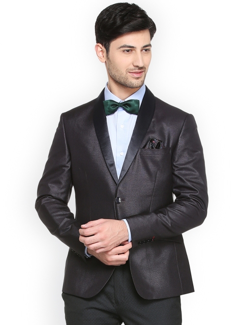 

V Dot Men Black Self Design Slim Fit Single Breasted Party Blazer