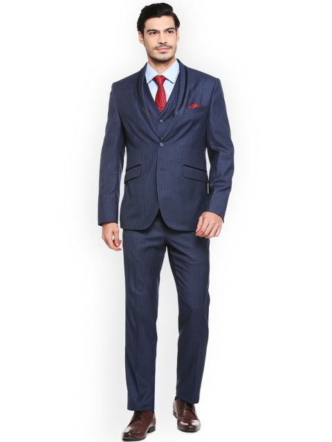 

V Dot Men Blue Self Design Slim Fit Three-Piece Suit