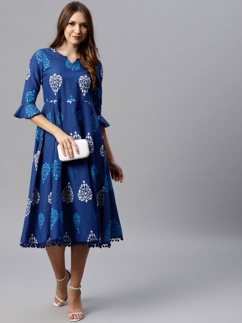 

Juniper Women Blue & White Printed Fit & Flare Dress