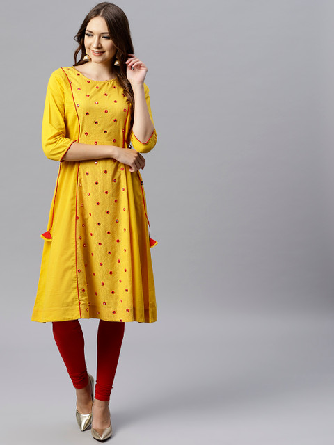 

Juniper Women Yellow Woven Design A-Line Kurta