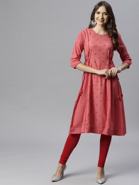 

Juniper Women Coral Pink Woven Design A-Line Kurta