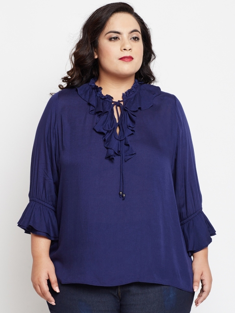 

NuBella Plus Size Women Navy Blue Fauna Lace-Up Ruffle Top