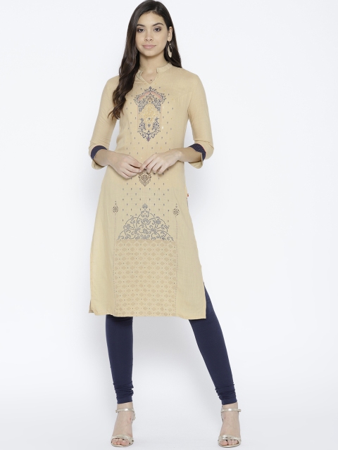 

Span Women Beige & Navy Blue Printed Straight Kurta
