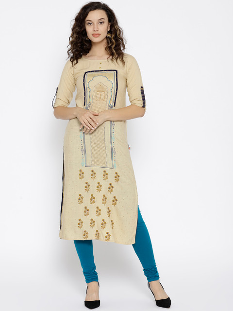 

Span Women Beige Printed Straight Kurta