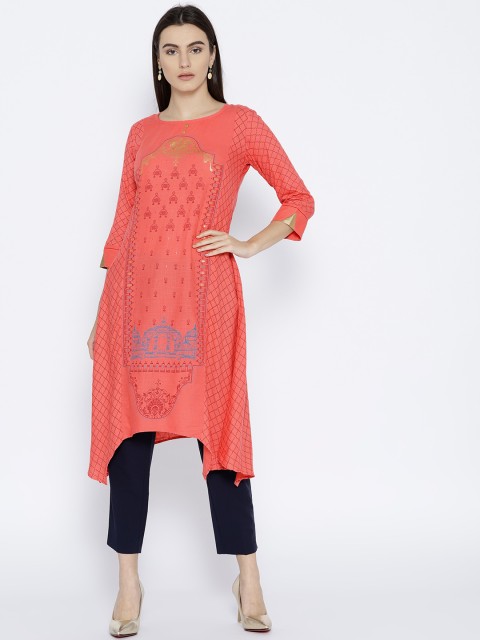 

Span Women Coral Pink Printed Asymmetric Hem A-Line Kurta