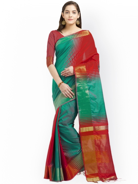 

Viva N Diva Teal & Red Silk Cotton Striped Maheshwari Saree