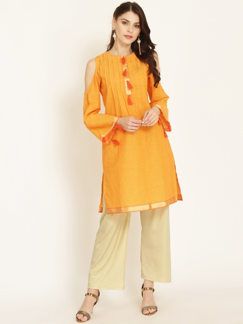 

RARE ROOTS Women Orange Woven Design A-Line Cold-Shoulder Kurti
