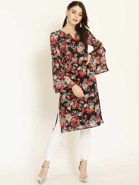 

RARE ROOTS Women Black & Red Floral Printed High-Low Kurti