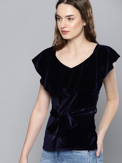 

NUSH Women Navy Blue Solid Velvet Layered Top