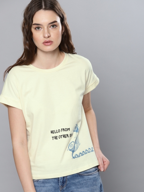 

NUSH Women Cream-Coloured Printed Round Neck T-shirt