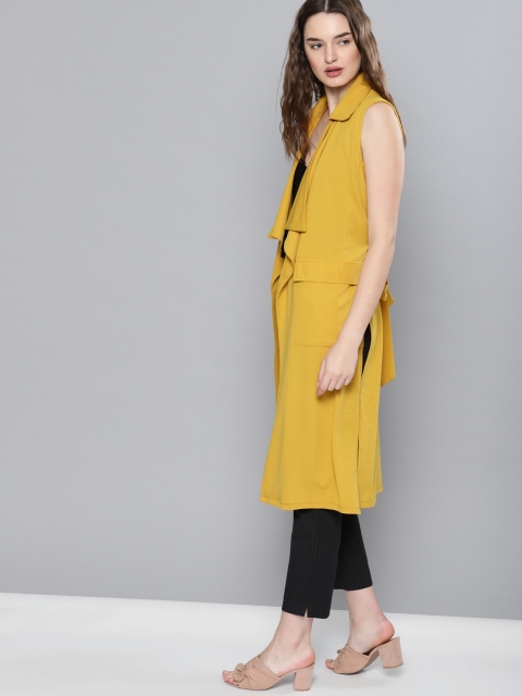 

NUSH Mustard Yellow Solid Longline Sleeveless Trench Coat