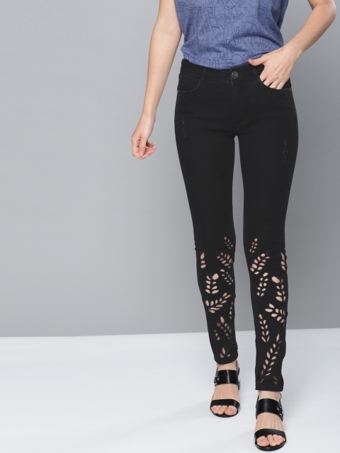 

NUSH Women Black Regular Fit High-Rise Mildly Distressed Jeans