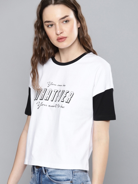 

NUSH Women White & Black Printed Round Neck T-shirt