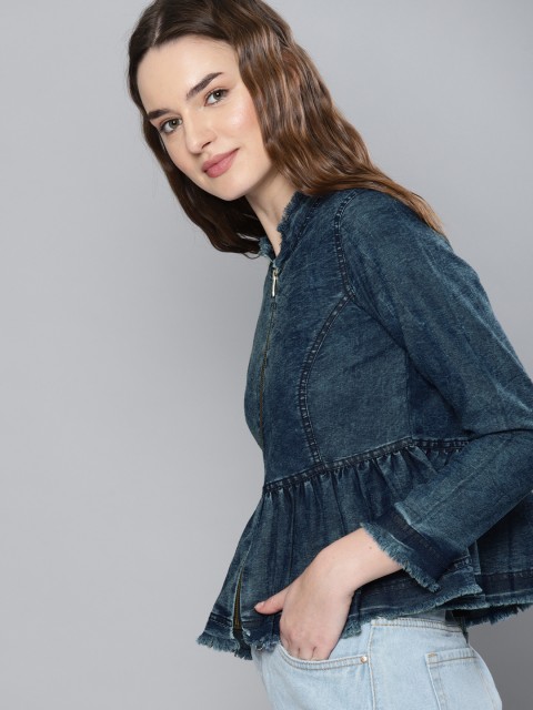 

NUSH Women Blue Solid Chambray Peplum Top