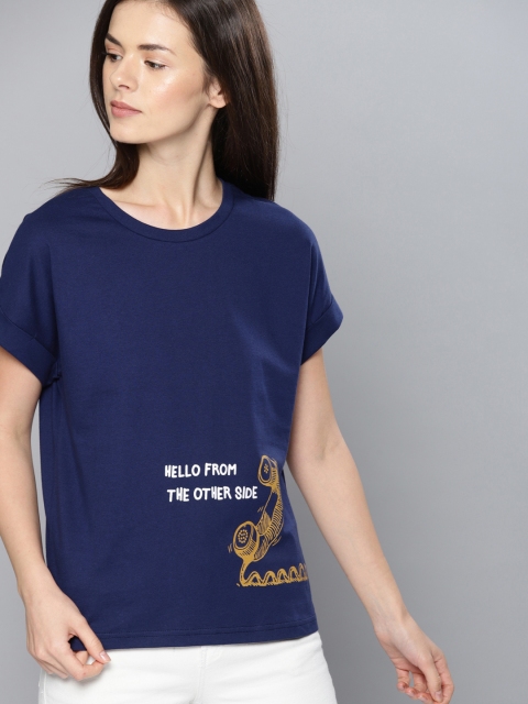 

NUSH Women Navy Blue Printed Round Neck T-shirt