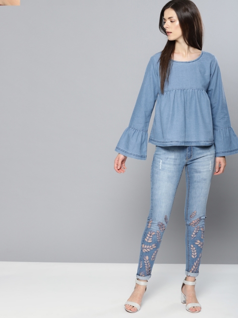 

NUSH Women Blue Solid Cinched Waist Top
