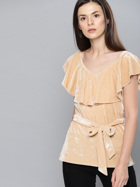 

NUSH Women Beige Solid Velvet Top