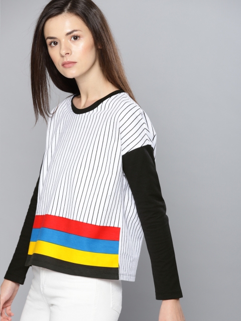 

NUSH Women White & Black Striped Round Neck T-shirt