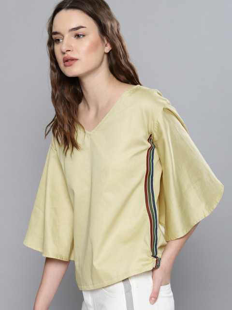 

NUSH Women Beige Solid Pure Cotton Top