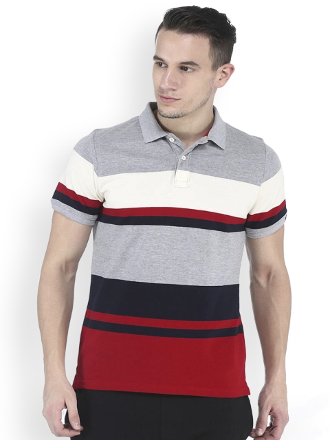 

Basics Men Grey & Red Striped Polo Collar T-shirt