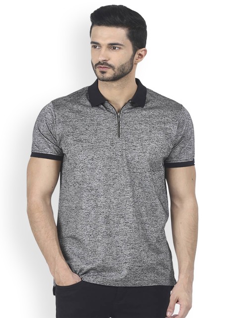 

Basics Men Grey Self Design Polo Collar Slim Fit T-shirt