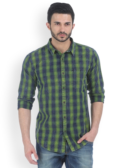 

Basics Men Green & Navy Blue Slim Fit Checked Casual Shirt