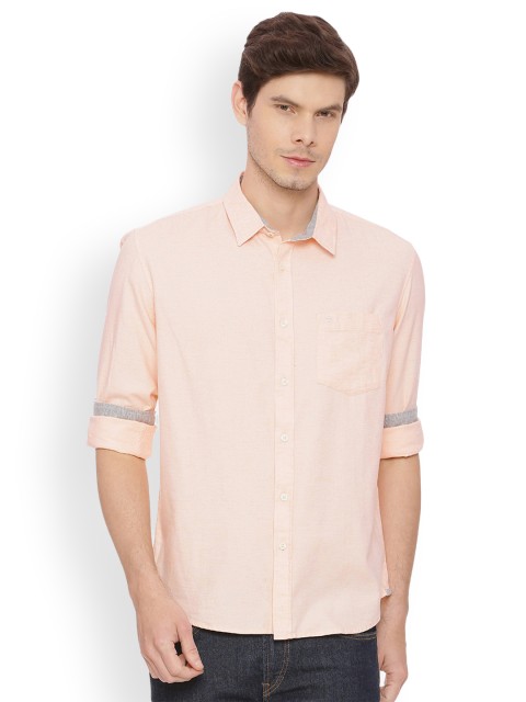 

Basics Men Peach-Coloured Slim Fit Self Design Casual Shirt