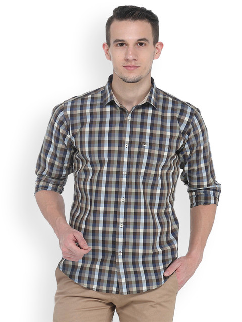 

Basics Men Brown & Blue Slim Fit Checked Casual Shirt
