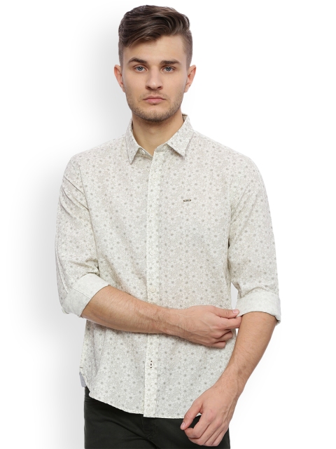 

Basics Men White & Olive Green Slim Fit Printed Casual Shirt