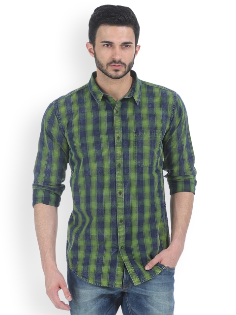 

Basics Men Green & Navy Blue Slim Fit Checked Casual Shirt