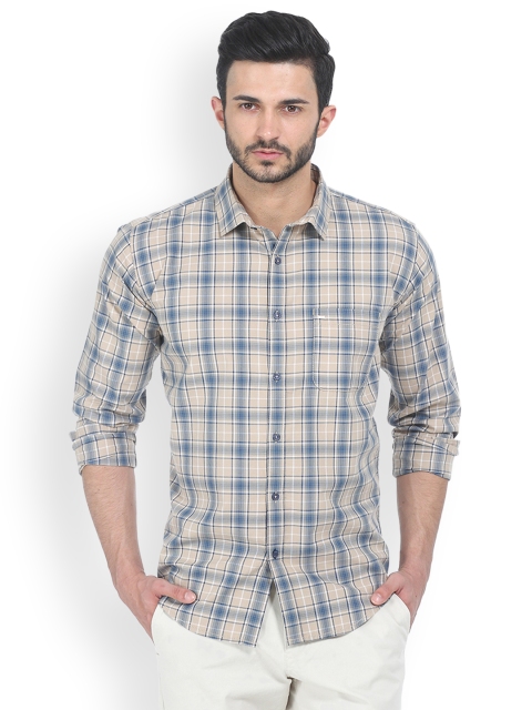 

Basics Men Beige & Blue Slim Fit Checked Casual Shirt