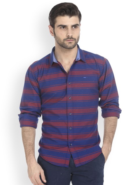 

Basics Men Red & Blue Slim Fit Striped Casual Shirt