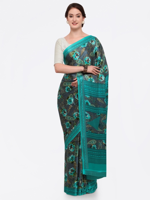 

Ligalz Navy Blue & Teal Green Poly Crepe Printed Saree