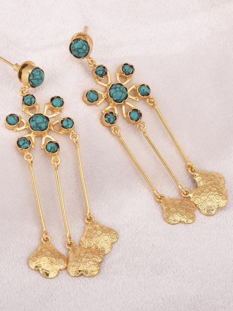 

Tistabene Gold-Toned & Turquoise Blue Floral Drop Earrings