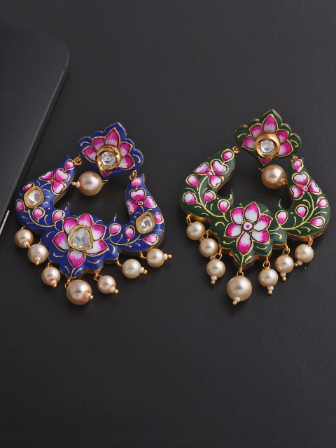

Tistabene Blue & Green Floral Gold-Plated Enamelled Reversible Drop Earrings