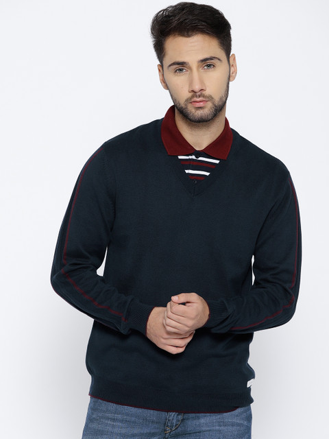 

John Players Men Navy Solid Sweater, Navy blue