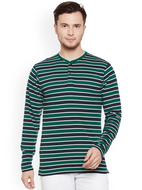 

Club York Men Green Striped Henley Neck T-shirt