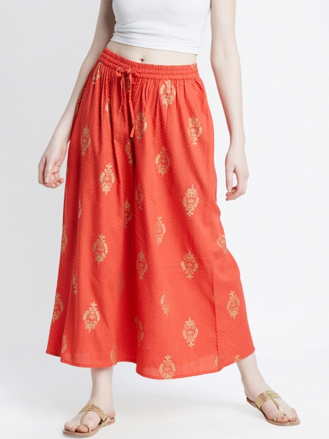 

RANGMANCH BY PANTALOONS Women Coral & Gold-Toned Printed Flared Palazzos