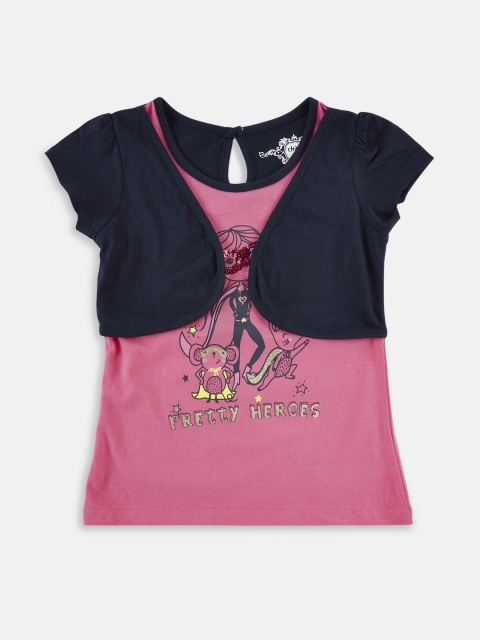 

CHALK by Pantaloons Girls Pink & Navy Blue Printed Round Neck T-shirt