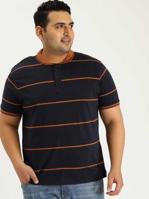 

Sztori Plus Size Men Navy Blue Striped Polo Collar T-shirt