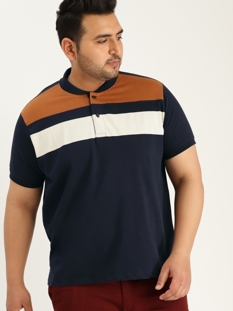 

Sztori Plus Size Men Navy Blue Colourblocked Polo Collar T-shirt