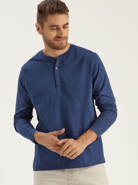 

Sztori Plus Size Men Navy Blue Solid Henley Neck T-shirt