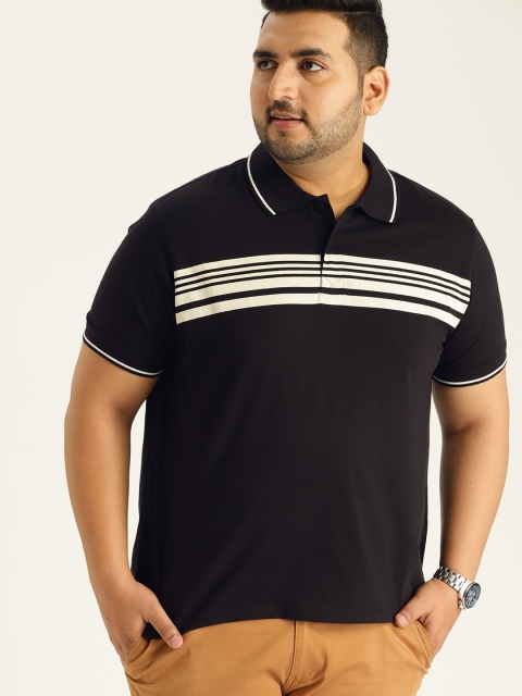 

Sztori Plus Size Men Black Solid Polo Collar T-shirt with Striped Detail