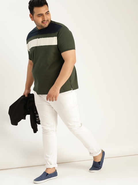 

Sztori Plus Size Men Olive Green Off-White Colourblocked Polo Collar T-shirt