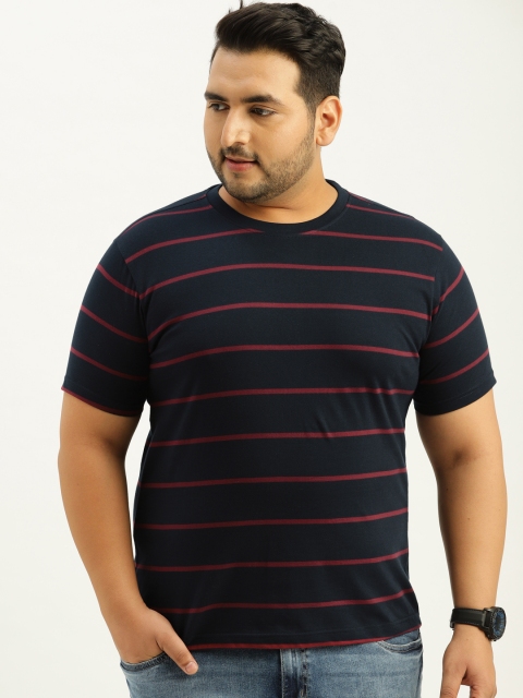 

Sztori Plus Size Men Navy Blue Striped Round Neck T-shirt