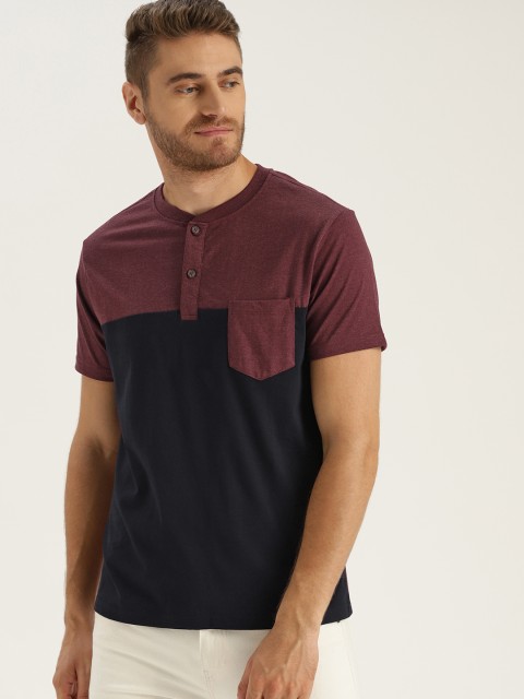 

Sztori Plus Size Men Navy Maroon Colourblocked Henley Neck T-shirt, Navy blue