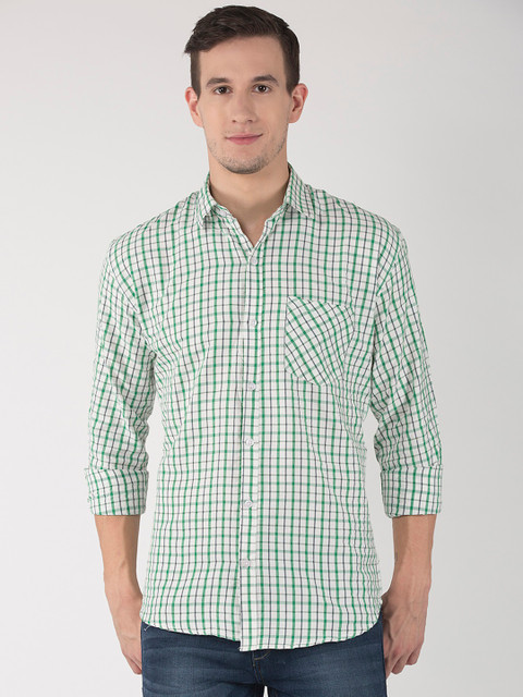 

Hangup Men Green & White Slim Fit Checked Casual Shirt