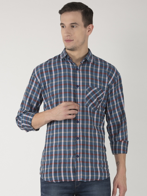 Hangup Men Teal & Maroon Slim Fit Checked Casual Shirt