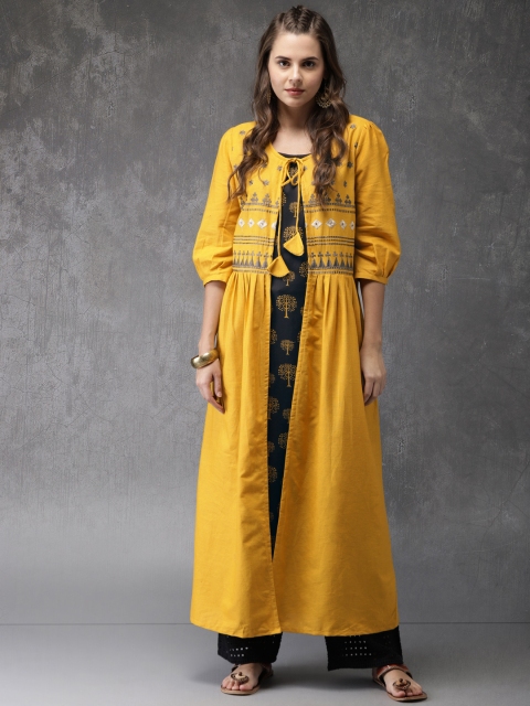 

Anouk Women Mustard Yellow Woven Design Layered Straight Kurta